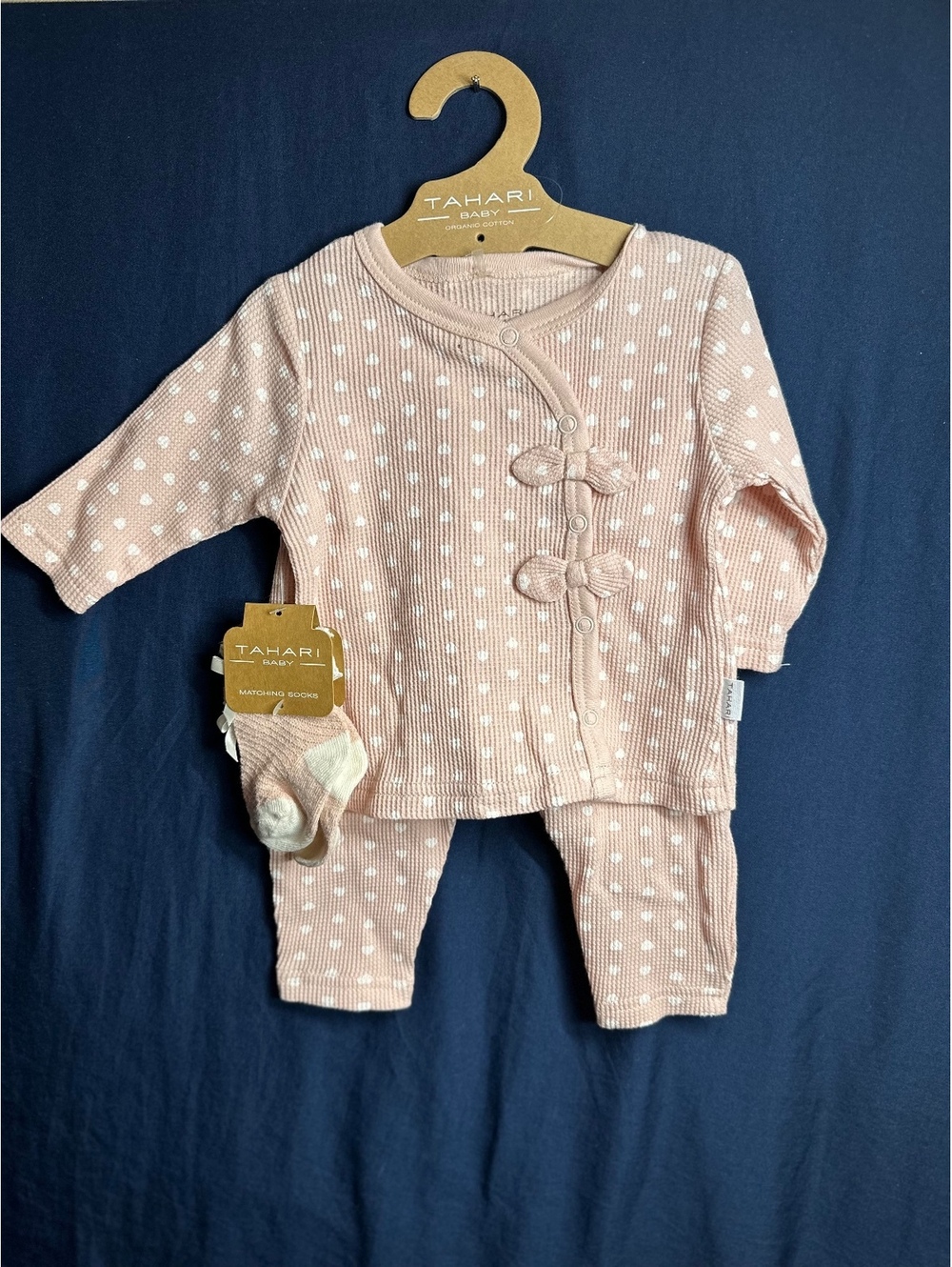 Tahari Baby Pink and White Polka Dot Infant Outfit with Matching Hat and Socks
